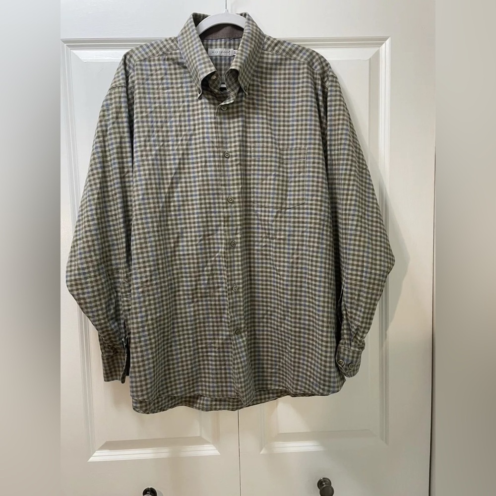 Alex Cannon Button Front Shirt Men's XL Grey Tan Plaid Long Sleeve 100% Cotton